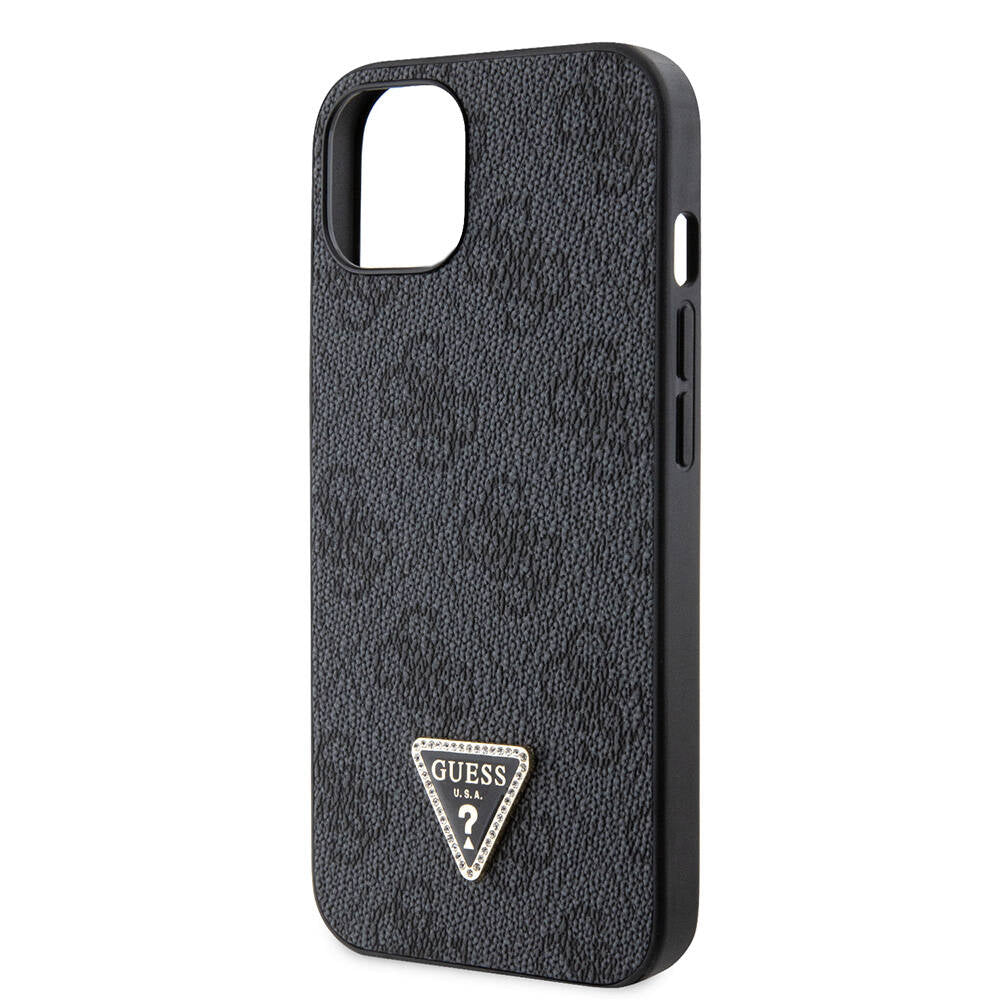 Guess iPhone 14 Orjinal Lisanslı PU Deri Taşlı Üçgen Logo 4G Desenli Telefon Kılıfı - 13