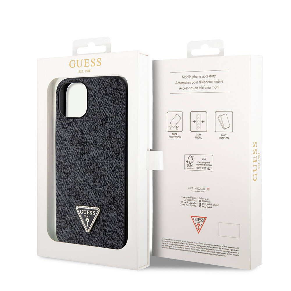Guess iPhone 14 Orjinal Lisanslı PU Deri Taşlı Üçgen Logo 4G Desenli Telefon Kılıfı - 15