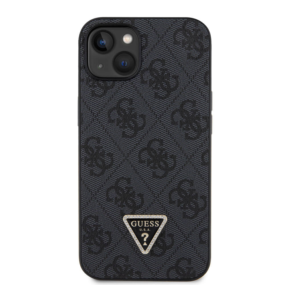 Guess iPhone 14 Orjinal Lisanslı PU Deri Taşlı Üçgen Logo 4G Desenli Telefon Kılıfı - 10