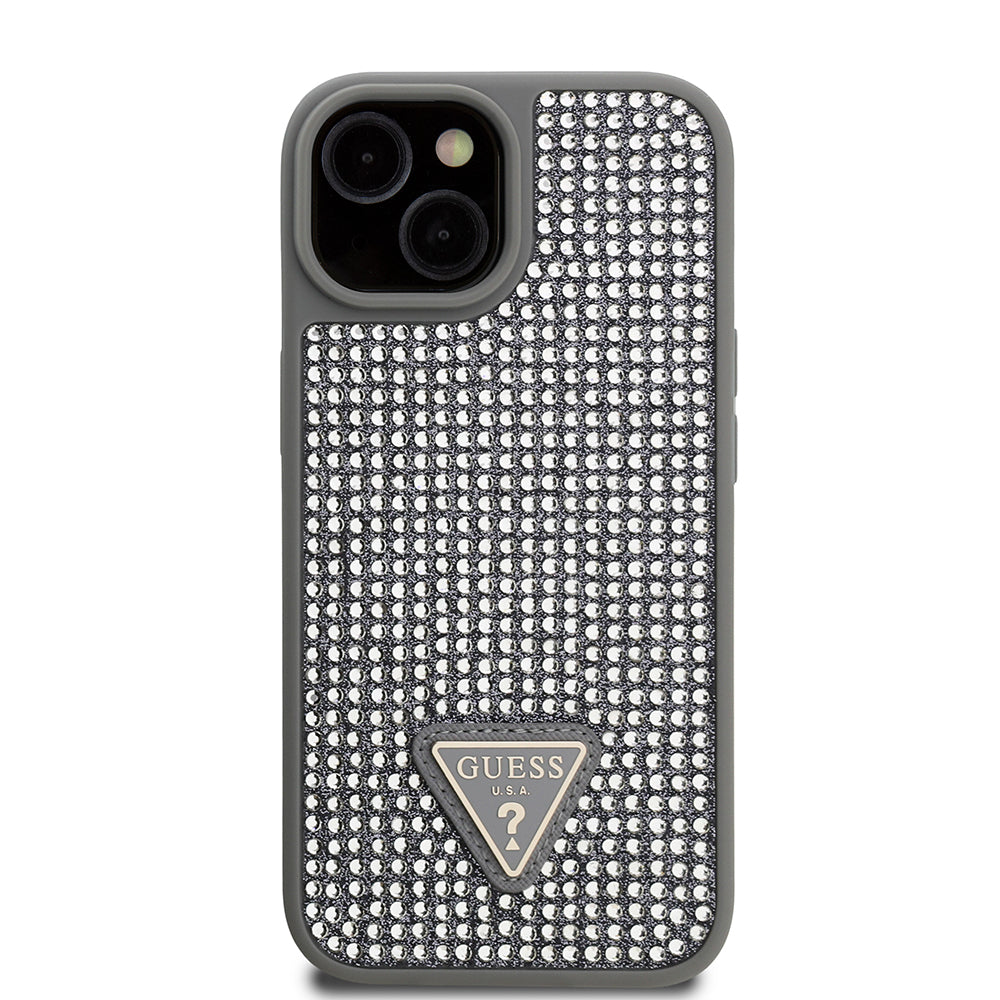 Guess iPhone 14 Orjinal Lisanslı Taşlı Arka Yüzey Üçgen Logolu Telefon Kılıfı