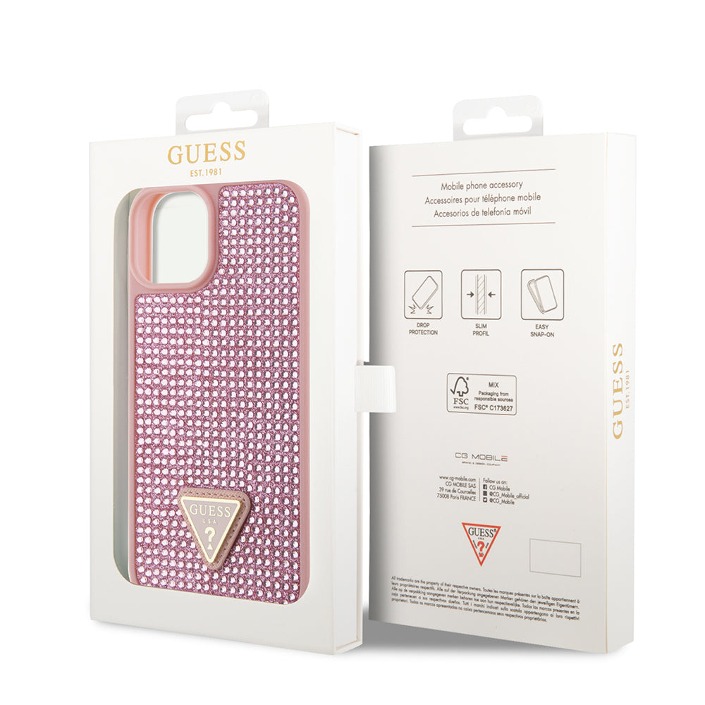 Guess iPhone 14 Orjinal Lisanslı Taşlı Arka Yüzey Üçgen Logolu Telefon Kılıfı