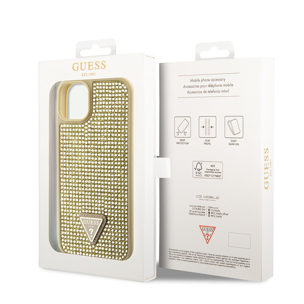 Guess iPhone 14 Orjinal Lisanslı Taşlı Arka Yüzey Üçgen Logolu Telefon Kılıfı