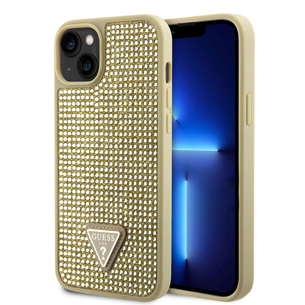 Guess iPhone 14 Orjinal Lisanslı Taşlı Arka Yüzey Üçgen Logolu Telefon Kılıfı