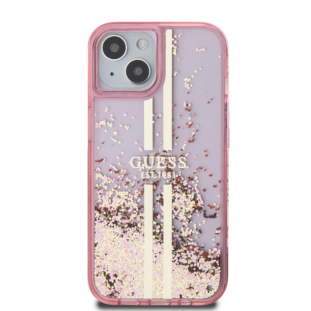 Guess iPhone 14 Orjinal Lisanslı Transparan Sıvılı Simli Altın Çizgili Kılıf