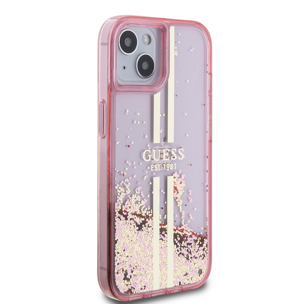 Guess iPhone 14 Orjinal Lisanslı Transparan Sıvılı Simli Altın Çizgili Kılıf