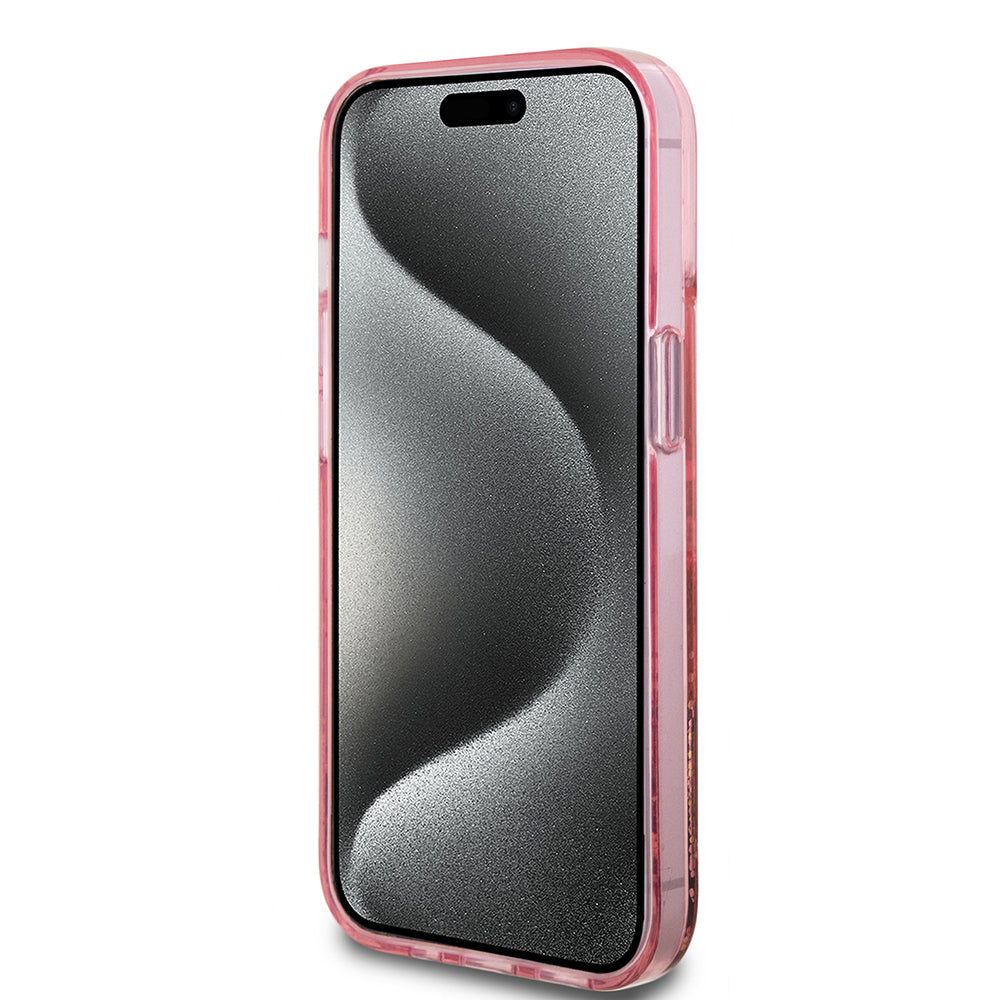 Guess iPhone 14 Orjinal Lisanslı Transparan Sıvılı Simli Altın Çizgili Kılıf