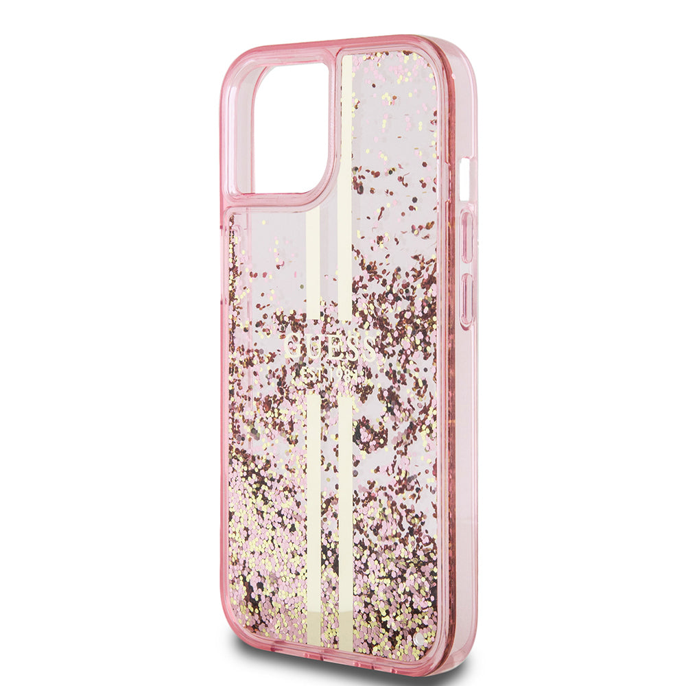 Guess iPhone 14 Orjinal Lisanslı Transparan Sıvılı Simli Altın Çizgili Kılıf