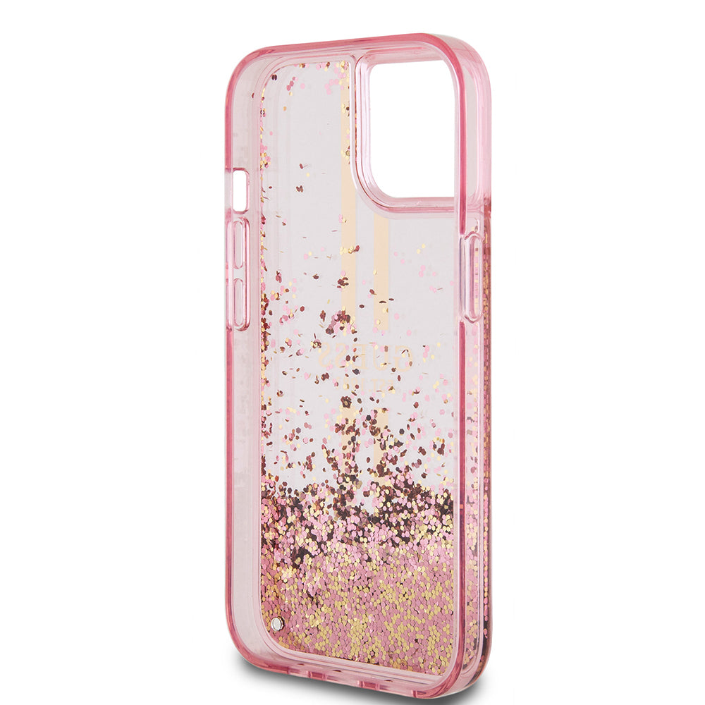 Guess iPhone 14 Orjinal Lisanslı Transparan Sıvılı Simli Altın Çizgili Kılıf