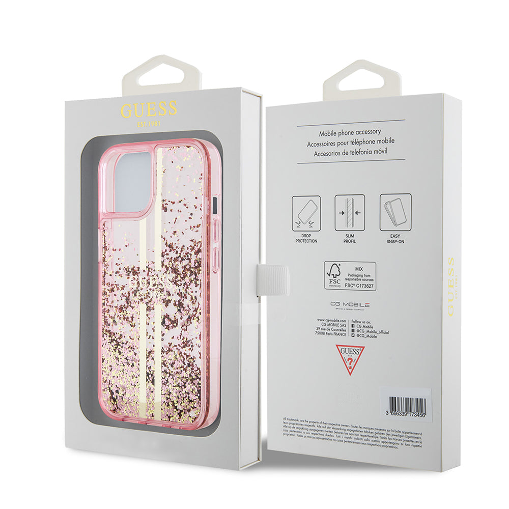 Guess iPhone 14 Orjinal Lisanslı Transparan Sıvılı Simli Altın Çizgili Kılıf