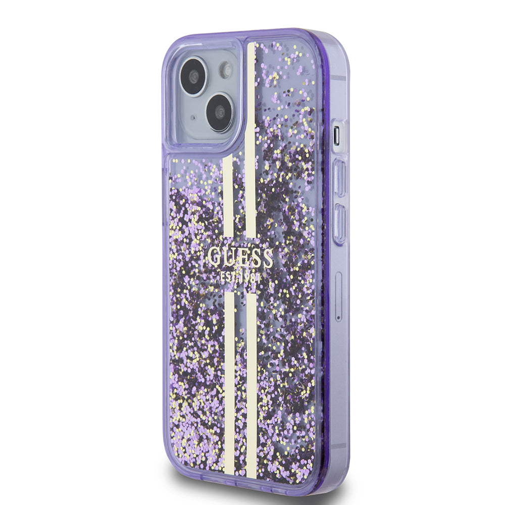 Guess iPhone 14 Orjinal Lisanslı Transparan Sıvılı Simli Altın Çizgili Kılıf