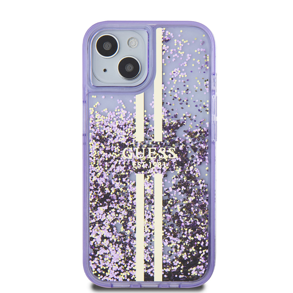 Guess iPhone 14 Orjinal Lisanslı Transparan Sıvılı Simli Altın Çizgili Kılıf