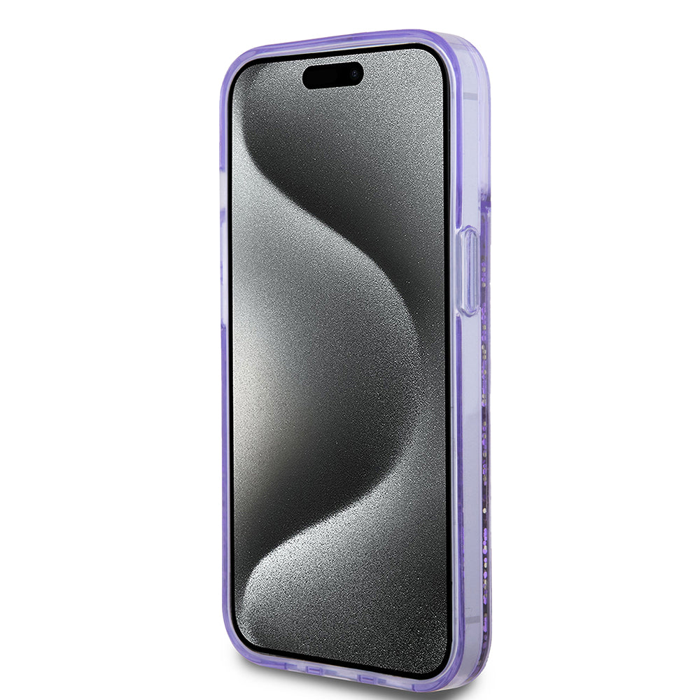 Guess iPhone 14 Orjinal Lisanslı Transparan Sıvılı Simli Altın Çizgili Kılıf