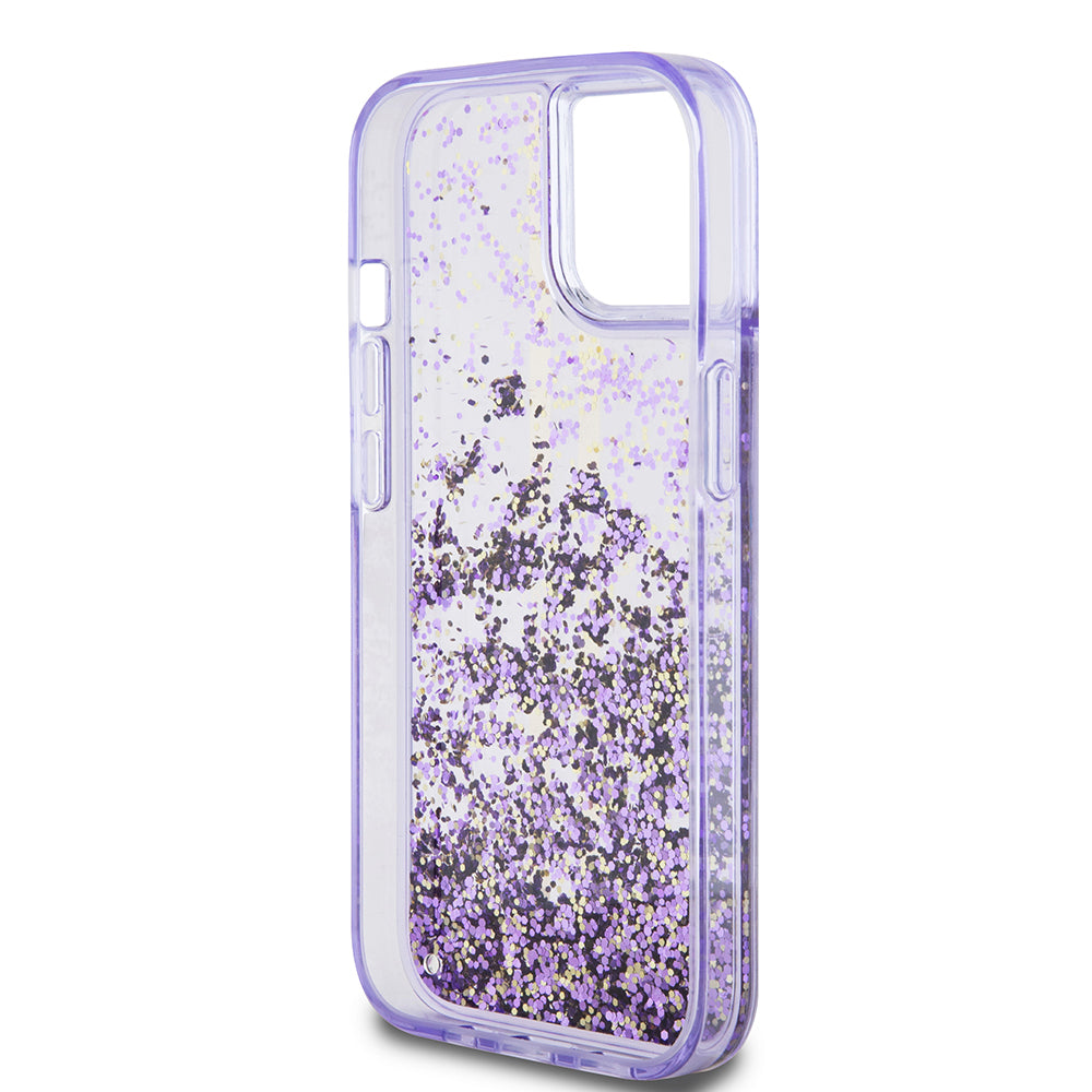 Guess iPhone 14 Orjinal Lisanslı Transparan Sıvılı Simli Altın Çizgili Kılıf