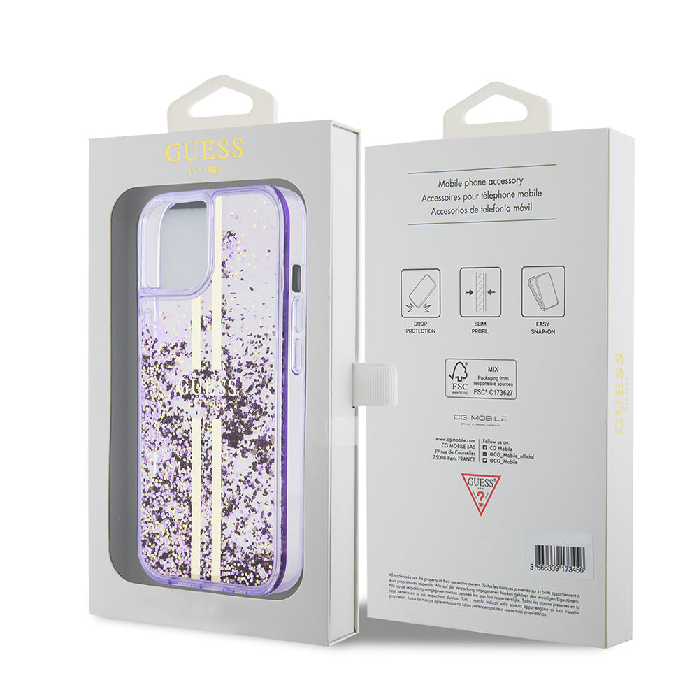Guess iPhone 14 Orjinal Lisanslı Transparan Sıvılı Simli Altın Çizgili Kılıf