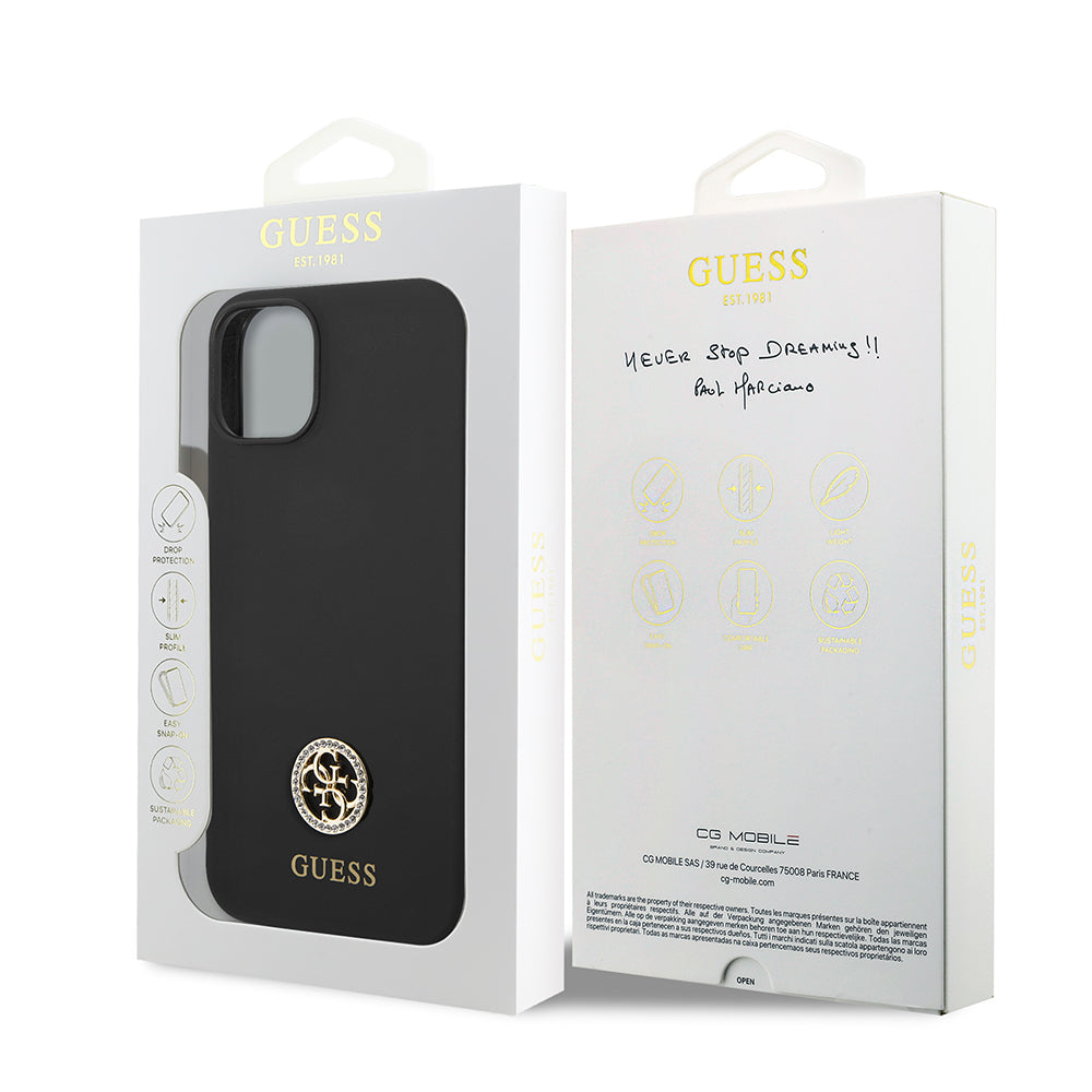 Guess iPhone 14 Orjinal Lisanslı Yazı ve Taşlı 4G Logolu Silikon Kılıf