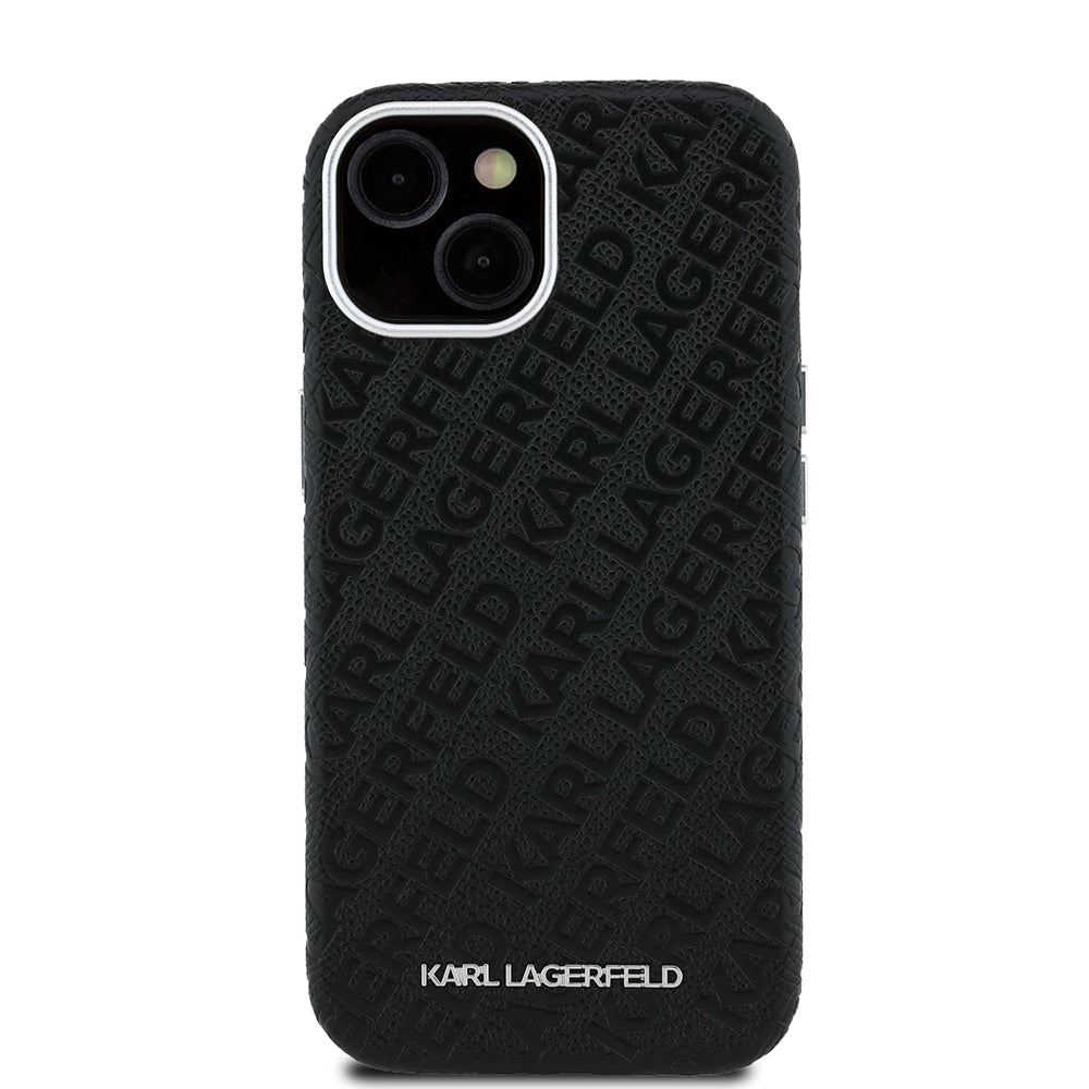 Karl Lagerfeld iPhone 14 Orjinal Lisanslı PU Deri Damgalı Metal Yazı Logolu Telefon Kılıfı