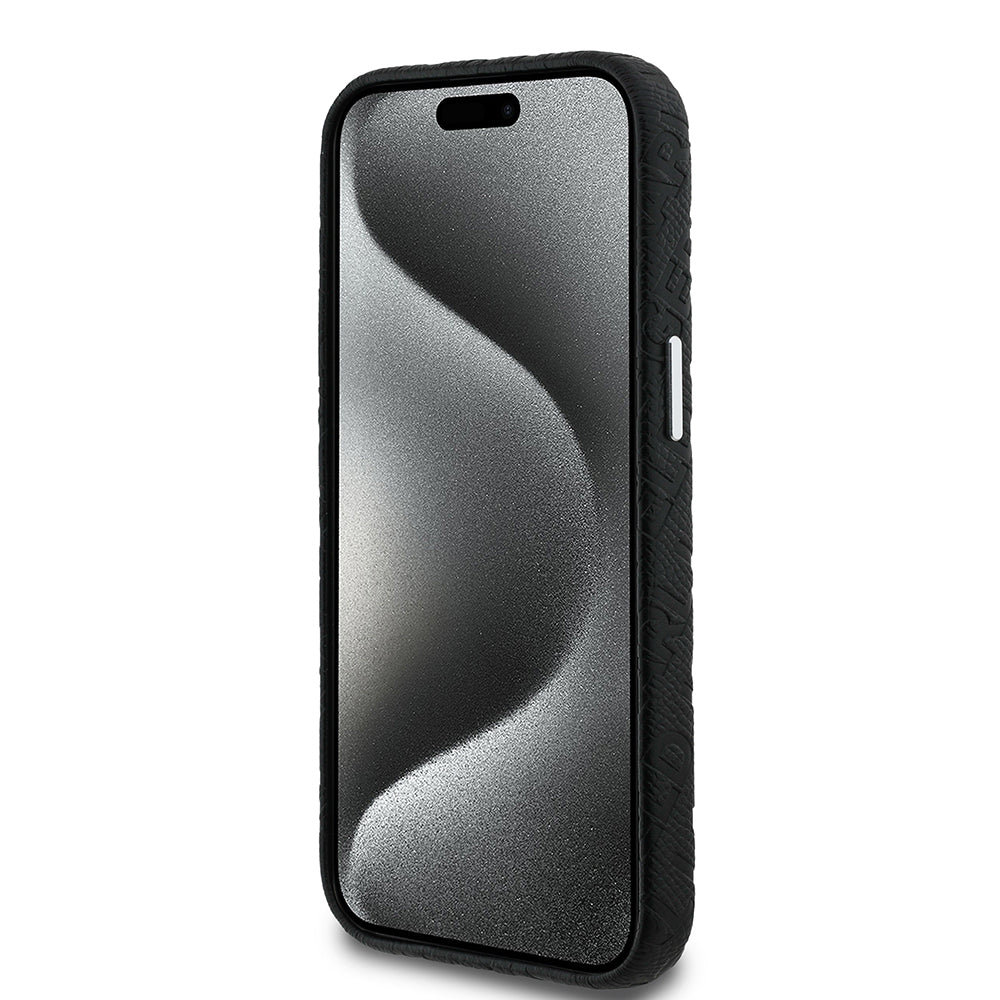 Karl Lagerfeld iPhone 14 Orjinal Lisanslı PU Deri Damgalı Metal Yazı Logolu Telefon Kılıfı