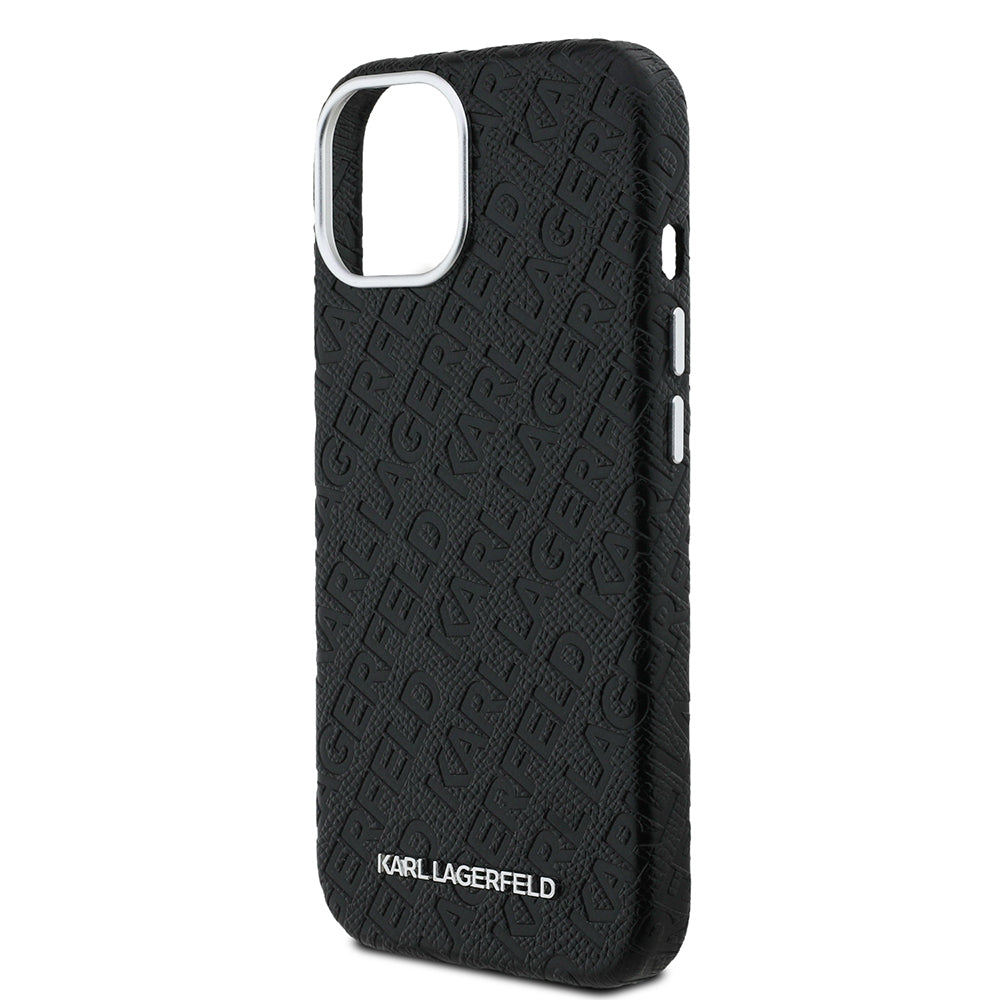 Karl Lagerfeld iPhone 14 Orjinal Lisanslı PU Deri Damgalı Metal Yazı Logolu Telefon Kılıfı
