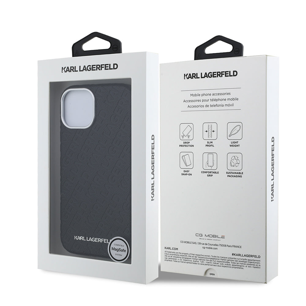 Karl Lagerfeld iPhone 14 Orjinal Lisanslı PU Deri Damgalı Metal Yazı Logolu Telefon Kılıfı