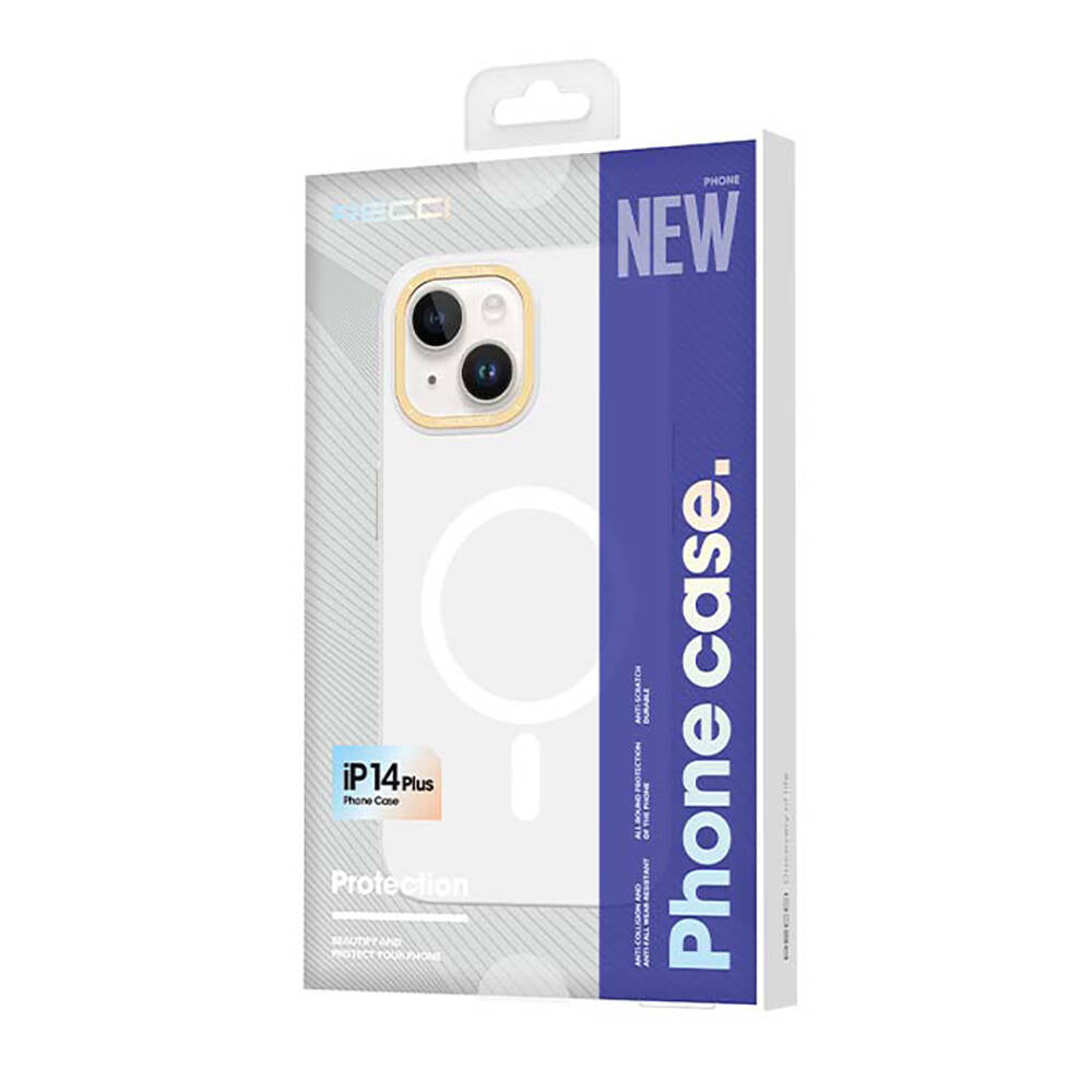 Recci Glaze Serisi iPhone 14 Plus M-safe Şarj Özellikli Metal Kamera Çerçeveli Kılıf