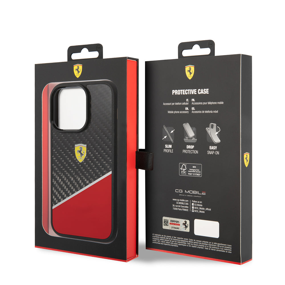 Ferrari iPhone 14 Pro Orjinal Lisanlı Klasik Metal Logolu Karbon Şerit Desenli Kılıf