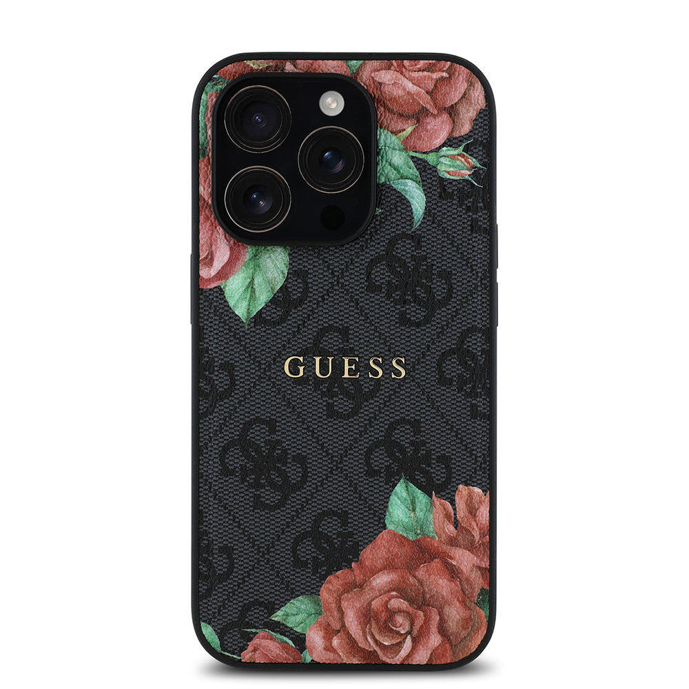 Guess iPhone 14 Pro Orjinal Lisanslı M-safe Şarj Özellikli Gül Baskılı 4G Desenli Yazı Logolu Kılıf