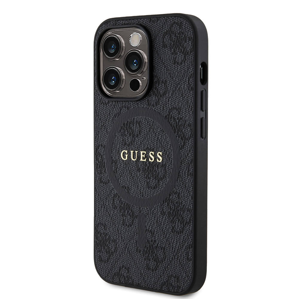 Guess iPhone 14 Pro Orjinal Lisanslı M-safe Şarj Özellikli PU Halkalı 4G Desenli Yazı Logolu Kılıf