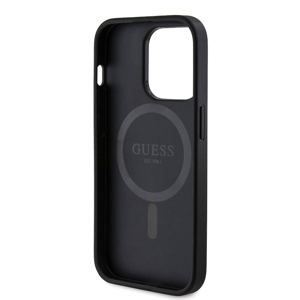 Guess iPhone 14 Pro Orjinal Lisanslı M-safe Şarj Özellikli PU Halkalı 4G Desenli Yazı Logolu Kılıf