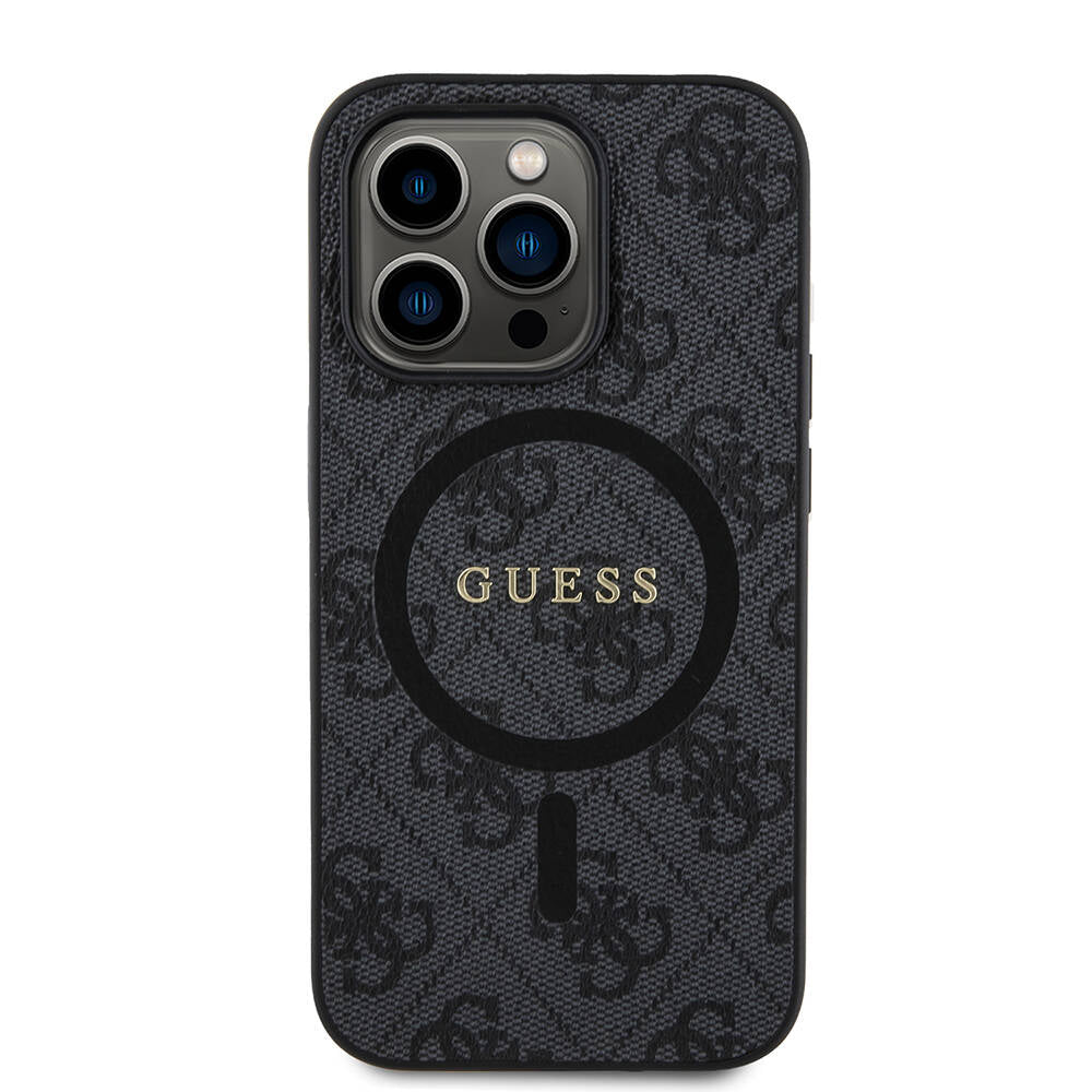 Guess iPhone 14 Pro Orjinal Lisanslı M-safe Şarj Özellikli PU Halkalı 4G Desenli Yazı Logolu Kılıf