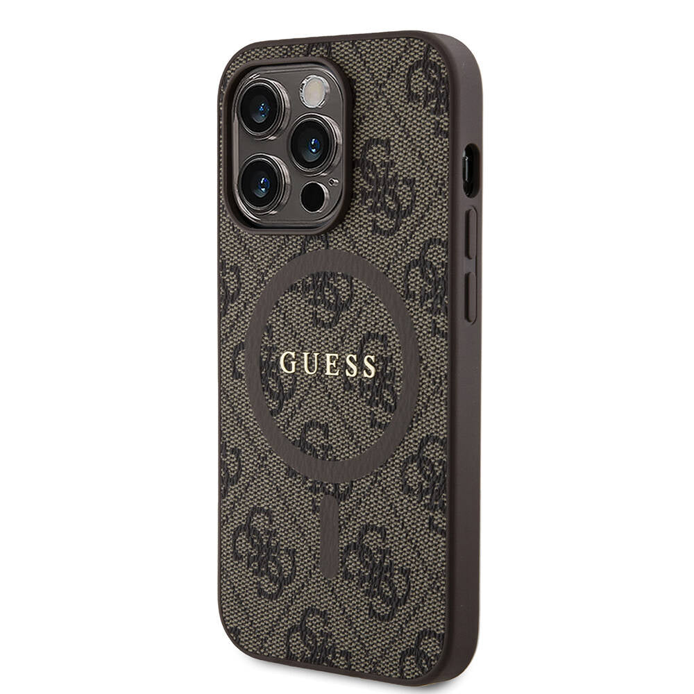 Guess iPhone 14 Pro Orjinal Lisanslı M-safe Şarj Özellikli PU Halkalı 4G Desenli Yazı Logolu Kılıf