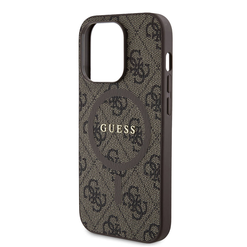 Guess iPhone 14 Pro Orjinal Lisanslı M-safe Şarj Özellikli PU Halkalı 4G Desenli Yazı Logolu Kılıf