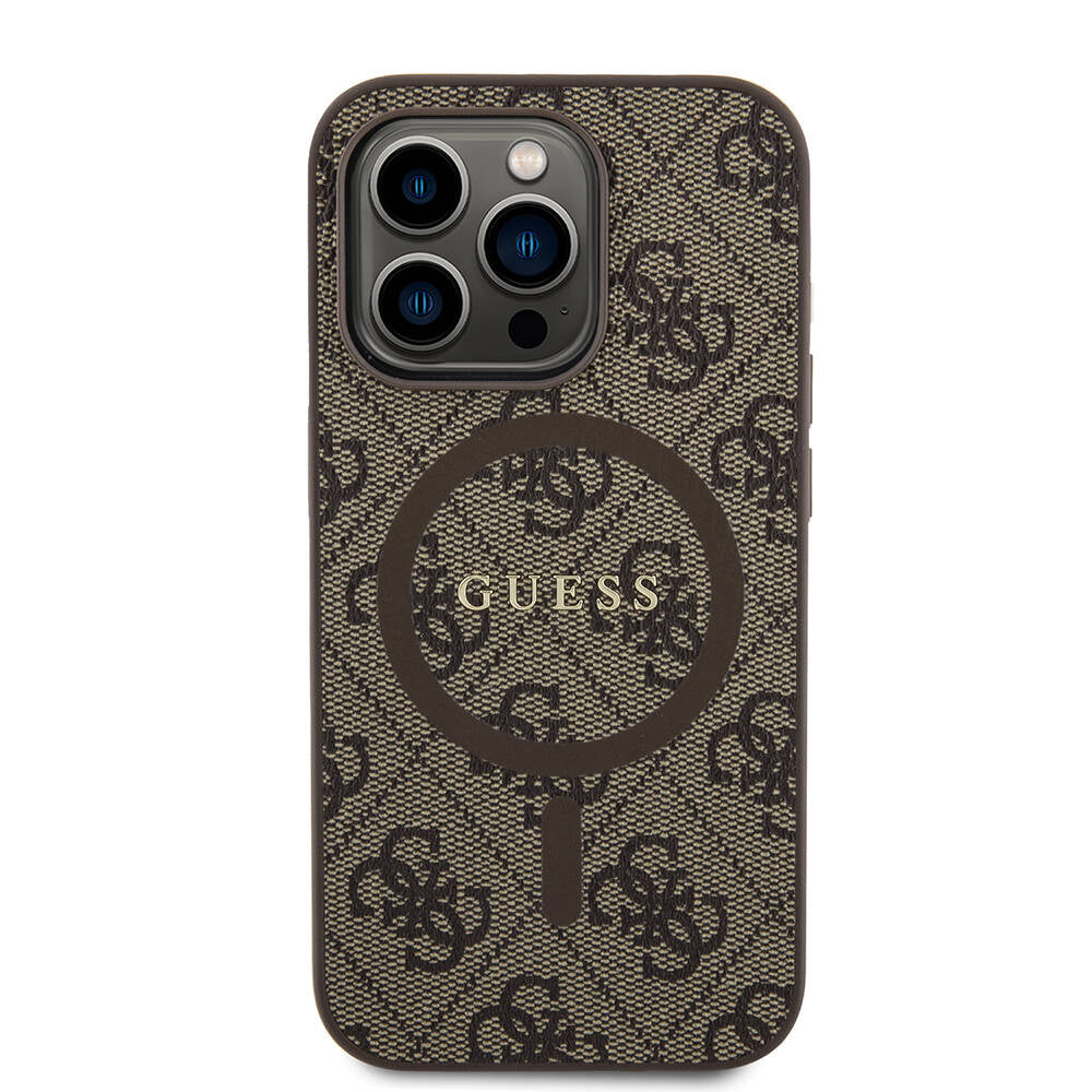 Guess iPhone 14 Pro Orjinal Lisanslı M-safe Şarj Özellikli PU Halkalı 4G Desenli Yazı Logolu Kılıf