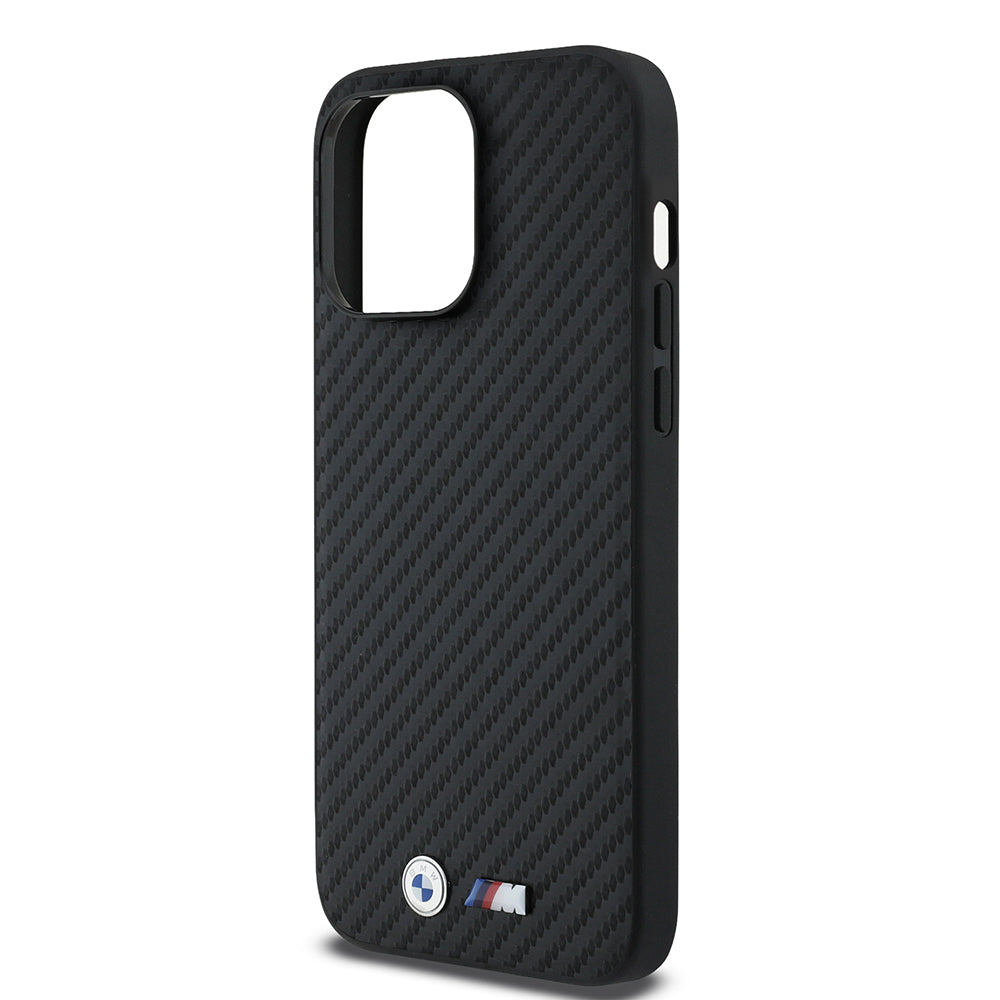BMW iPhone 14 Pro Max Orjinal Lisanslı Karbon Fiber Tasarımlı ve Metal Logolu PU Deri Telefon Kılıfı