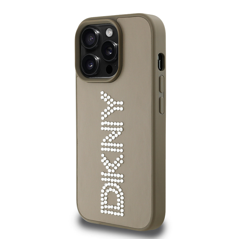 DKNY iPhone 14 Pro Max Orjinal Lisanslı Taşlı DKNY Yazılı Metalik Rhinestones PU Deri Kılıf