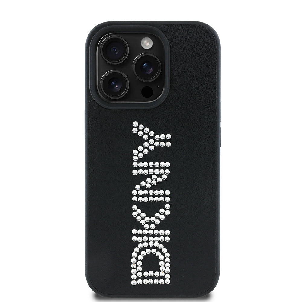 DKNY iPhone 14 Pro Max Orjinal Lisanslı Taşlı DKNY Yazılı Metalik Rhinestones PU Deri Kılıf