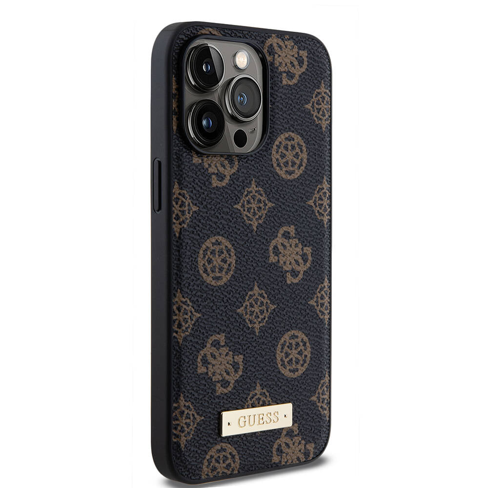Guess iPhone 14 Pro Max M-safe Şarj Özellikli PU Deri Desenli Metal Plaka Logolu Kılıf