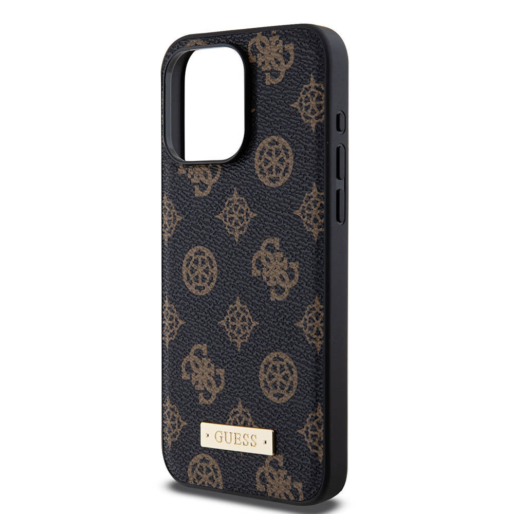Guess iPhone 14 Pro Max M-safe Şarj Özellikli PU Deri Desenli Metal Plaka Logolu Kılıf