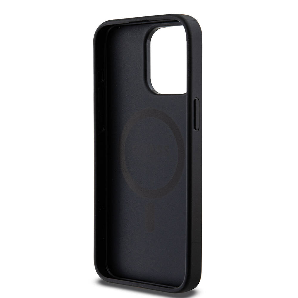 Guess iPhone 14 Pro Max M-safe Şarj Özellikli PU Deri Desenli Metal Plaka Logolu Kılıf