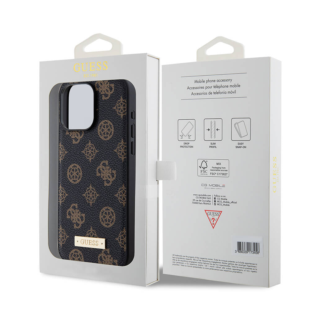 Guess iPhone 14 Pro Max M-safe Şarj Özellikli PU Deri Desenli Metal Plaka Logolu Kılıf