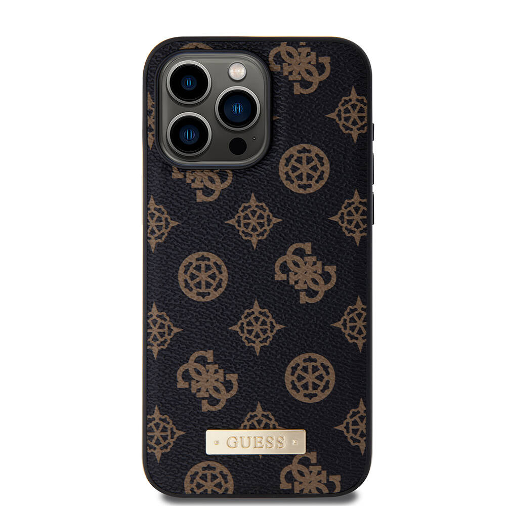 Guess iPhone 14 Pro Max M-safe Şarj Özellikli PU Deri Desenli Metal Plaka Logolu Kılıf