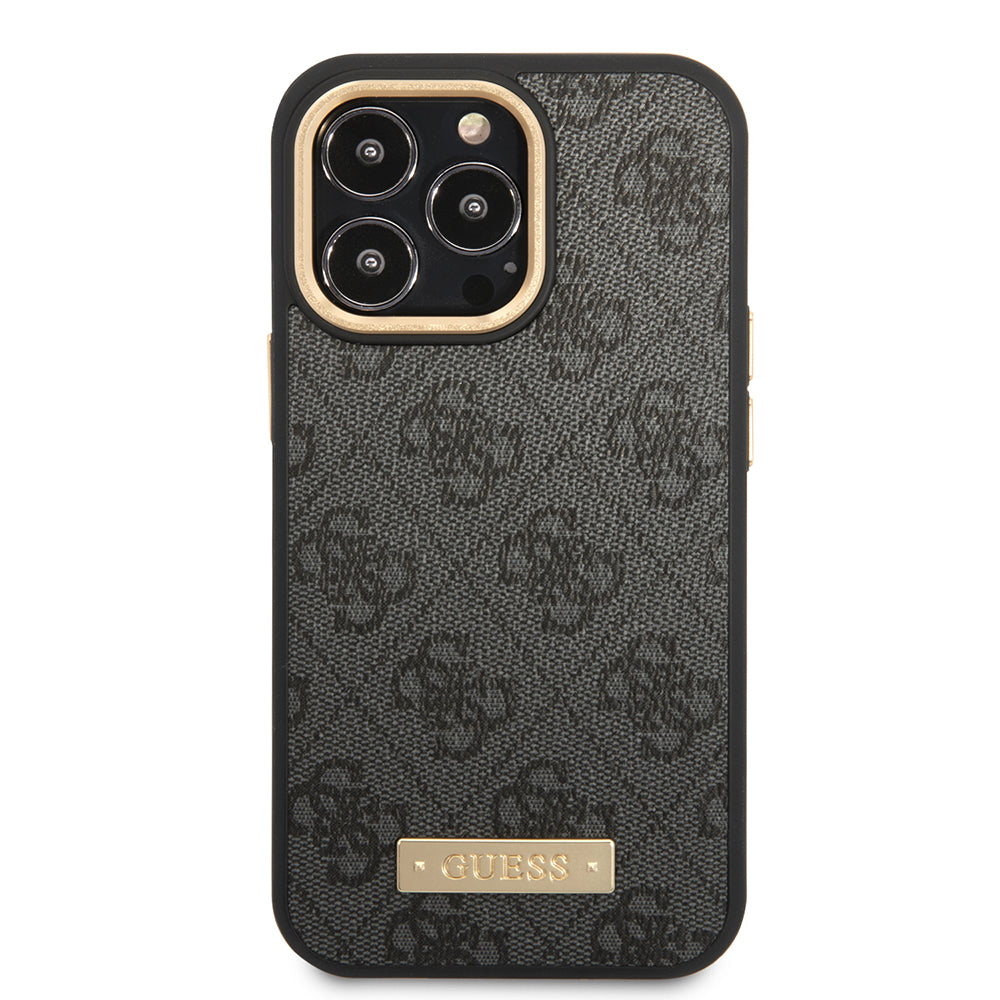 Guess iPhone 14 Pro Max Orjinal Lisanslı Magsafe 4G Desenli PU Metal Plaka Klasik Logolu Kılıf