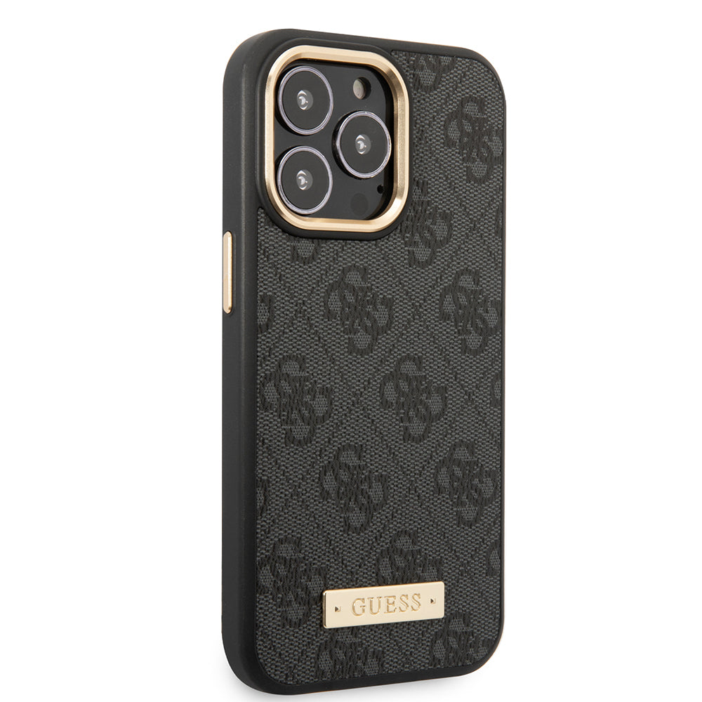 Guess iPhone 14 Pro Max Orjinal Lisanslı Magsafe 4G Desenli PU Metal Plaka Klasik Logolu Kılıf
