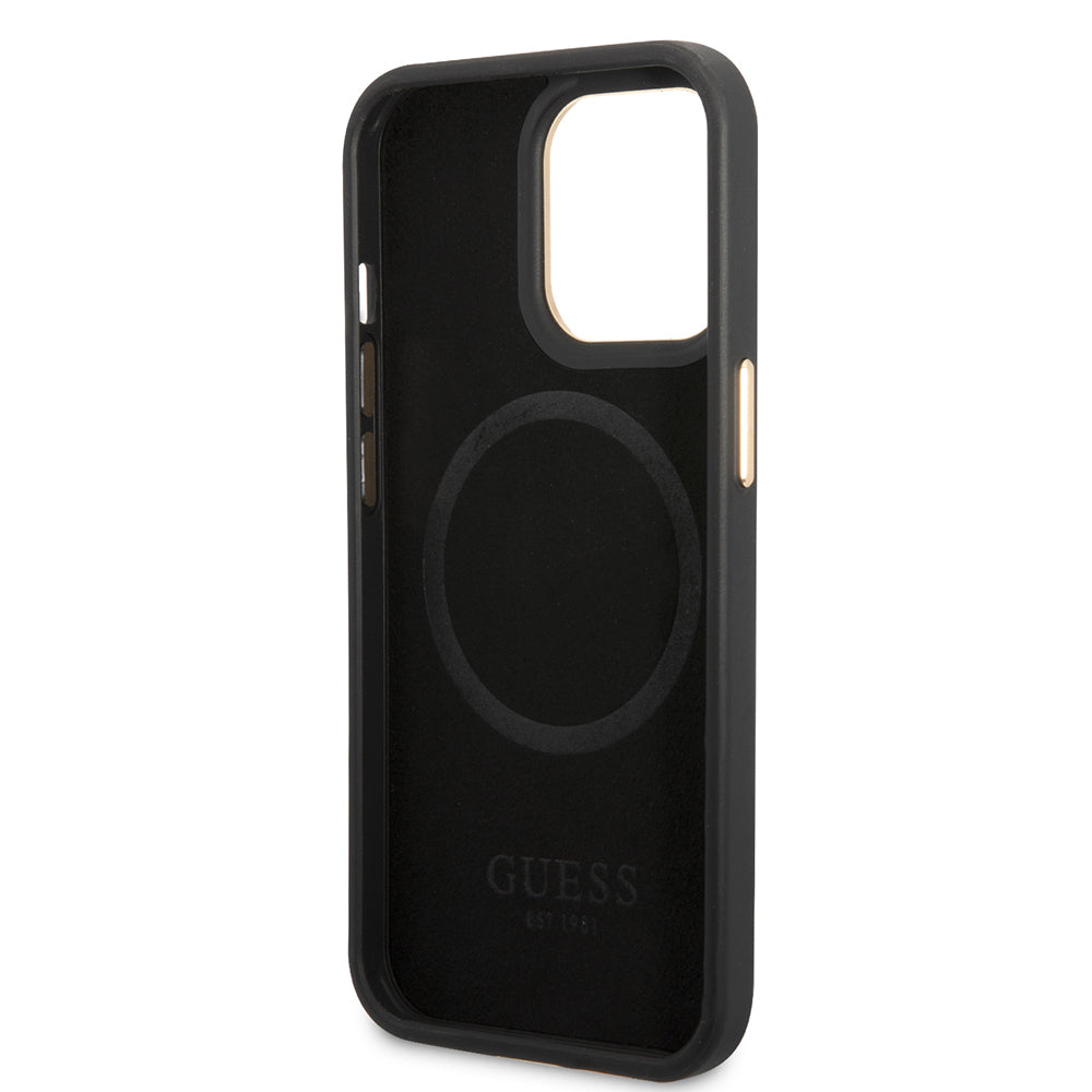 Guess iPhone 14 Pro Max Orjinal Lisanslı Magsafe 4G Desenli PU Metal Plaka Klasik Logolu Kılıf