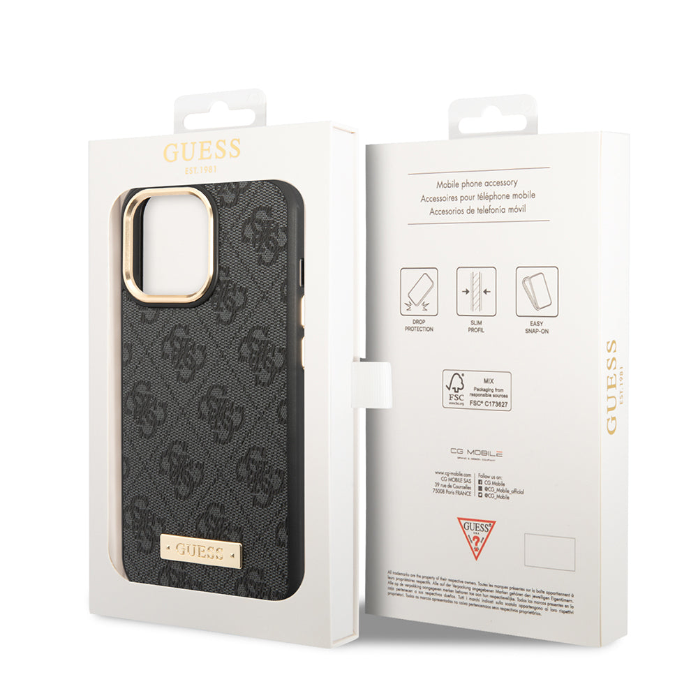 Guess iPhone 14 Pro Max Orjinal Lisanslı Magsafe 4G Desenli PU Metal Plaka Klasik Logolu Kılıf