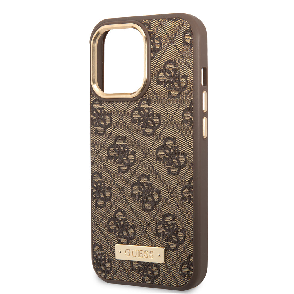 Guess iPhone 14 Pro Max Orjinal Lisanslı Magsafe 4G Desenli PU Metal Plaka Klasik Logolu Kılıf