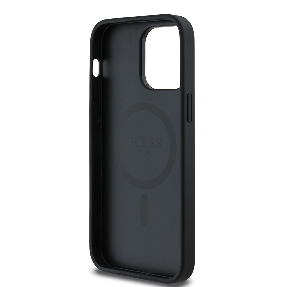 Guess iPhone 14 Pro Max Orjinal Lisanslı M-safe Şarj Özellikli Taneli Çiçek Tasarımlı Metal Yazı Logolu Kılıf