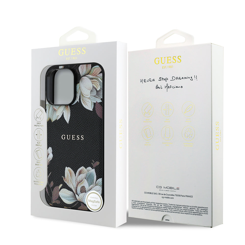 Guess iPhone 14 Pro Max Orjinal Lisanslı M-safe Şarj Özellikli Taneli Çiçek Tasarımlı Metal Yazı Logolu Kılıf
