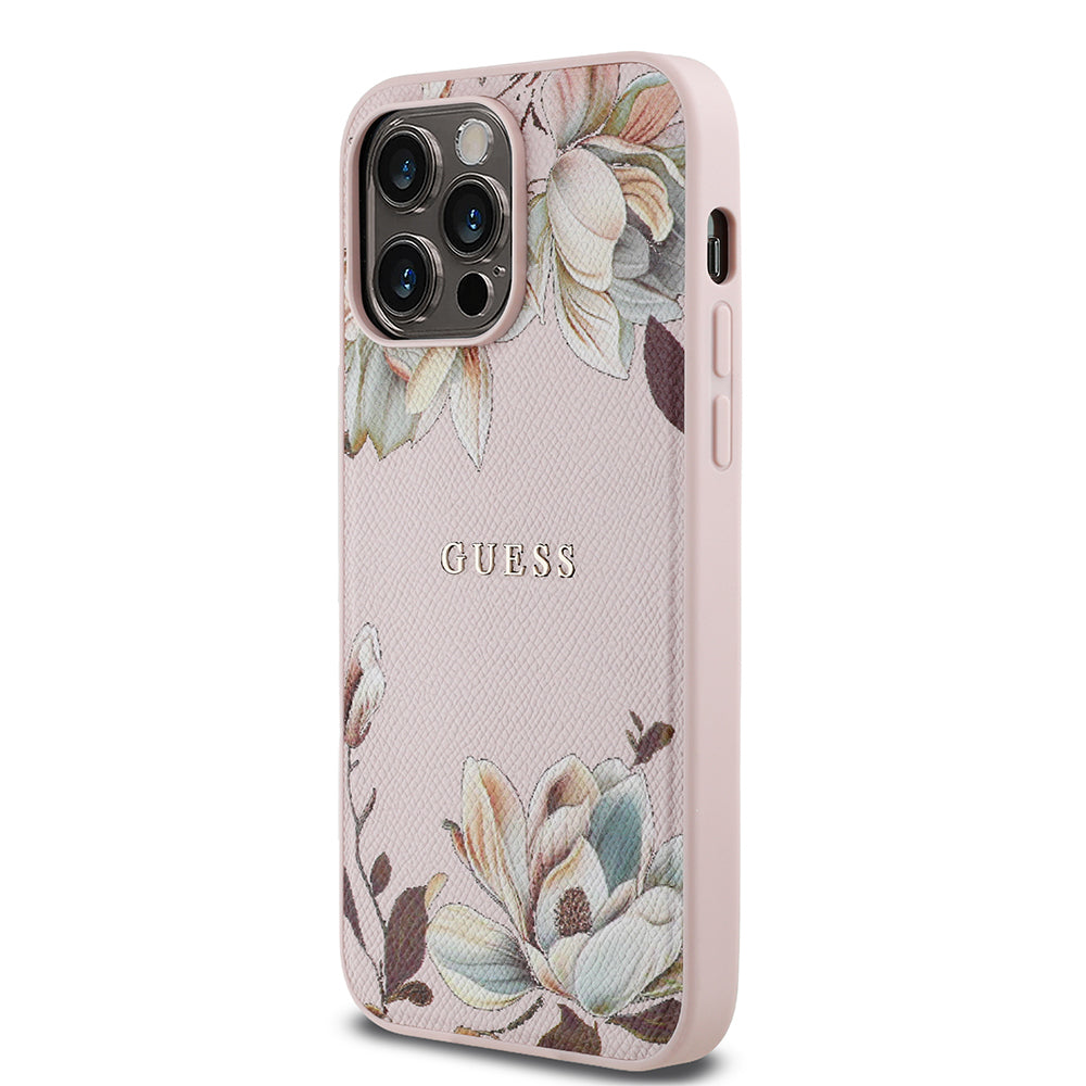 Guess iPhone 14 Pro Max Orjinal Lisanslı M-safe Şarj Özellikli Taneli Çiçek Tasarımlı Metal Yazı Logolu Kılıf