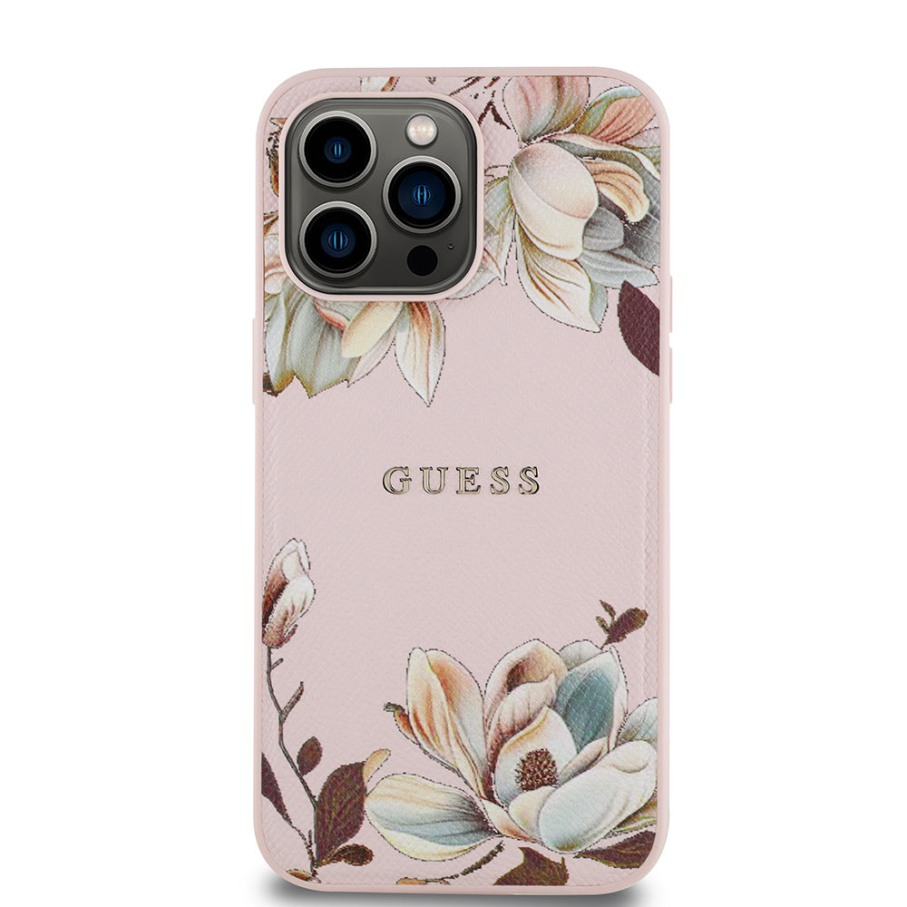 Guess iPhone 14 Pro Max Orjinal Lisanslı M-safe Şarj Özellikli Taneli Çiçek Tasarımlı Metal Yazı Logolu Kılıf