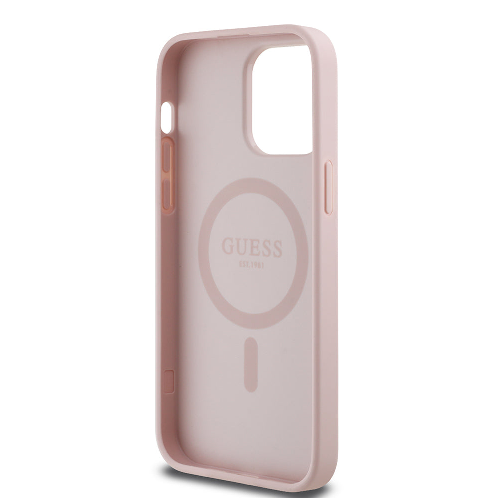 Guess iPhone 14 Pro Max Orjinal Lisanslı M-safe Şarj Özellikli Taneli Çiçek Tasarımlı Metal Yazı Logolu Kılıf
